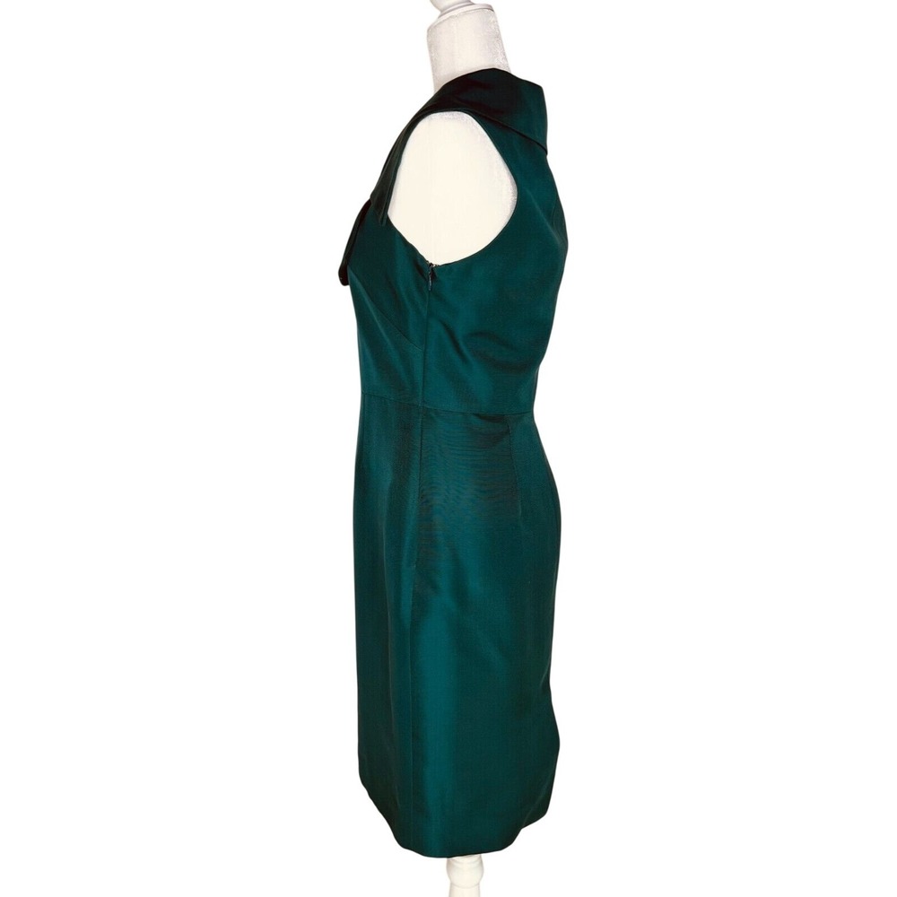 Lela Rose Silk Sheath Dress Womens 6 Teal Green Ribbed Ruffle Portrait Collar - Picture 3 of 11